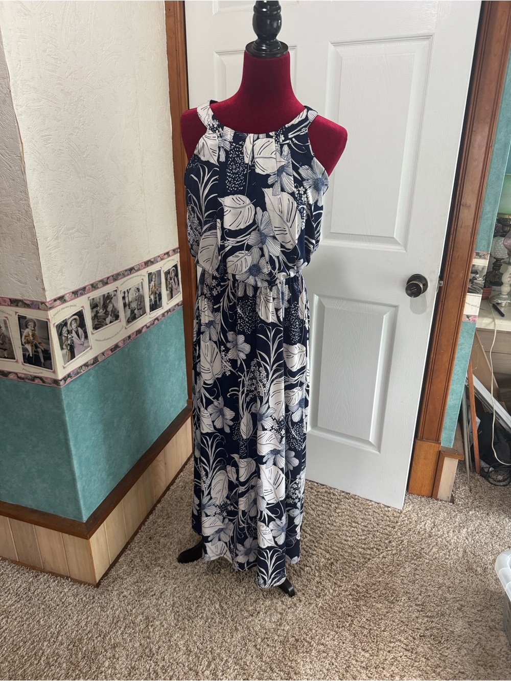 Women's Navy and White Floral Halter Maxi Dress